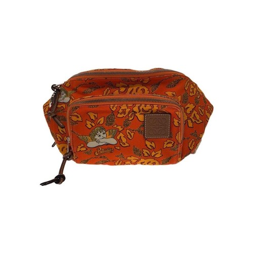LOEWE Orange Floral Leather Shoulder Bag Zip Brown Strap Auth