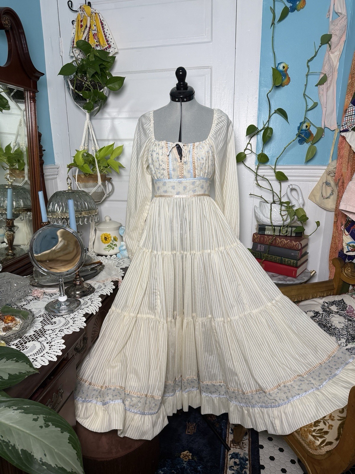 Gunne Sax by Jessica Ivory Blue Floral Lace Drawstring Maxi Dress Juniors 5