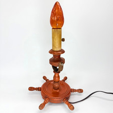 Vintage Nautical Ship Wheel Table Lamp Amber Flame Bulb Wood Base Accent Light U