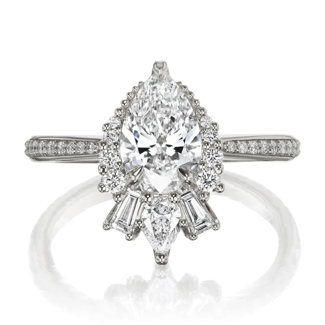 Pear Cut Moissanite Accents Halo Engagement Rings 1.47ctw 14k White Gold