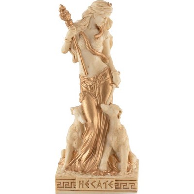 Miniatur weiß-gold Hekate, griechische Göttin der Magie und Geisterwelt mit Fack