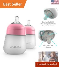 2-Pack Nanobebe Silicone Baby Bottles 9oz Non-Collapsing Nipple, Pink