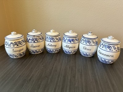 Antique German Blue Onion Spice Jar Set G.M.T. Co. 3986 Blue & White Ceramic
