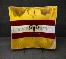 KMW Glass Art Fused Glass Platter Signed 2012 Amber Red Square Dish