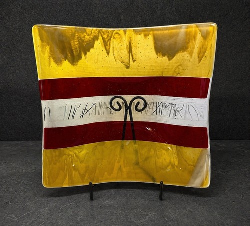 KMW Glass Art Fused Glass Platter Signed 2012 Amber Red Square Dish