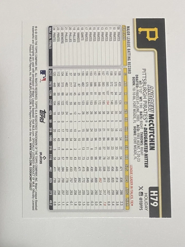 2025 Topps Holiday SSP Snow Variation - Andrew McCutchen #H79 Pirates Code 527 Foto 3 de 4