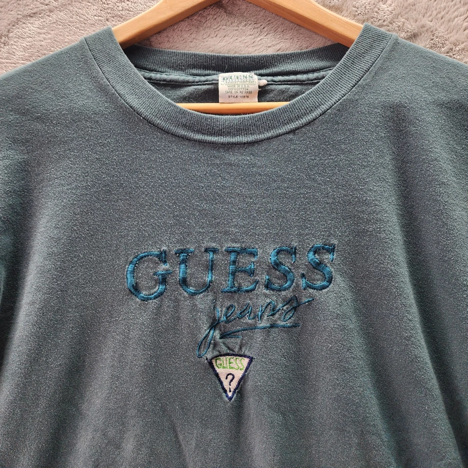 GUESS Jeans USA Made Embroidered Logo T-Shirt Teal Green Vintage 90s Style L - Image 3 of 4