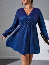 Shein Blue Shimmering Long Sleeve Dress Size 3X Deep V Neck Iridescent New