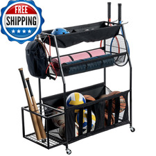 Mygift Garage Sports Equipment Organizer 3 Tier Metal Ball Storage Bin Wheels