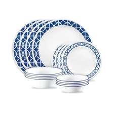 Corelle Dinnerware Set Cobalt Circles Vitrelle Glass Blue White 16-pc Service-4