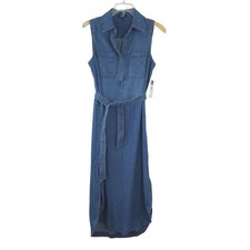 New Chaps Denim Long Maxi Dress Medium Sleeveless Tie Waist Button Up 100% Cotto