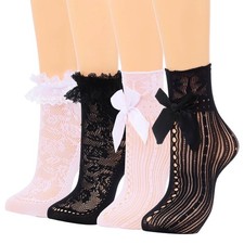 Mesh Lace Socks Ruffle Socks Bow Casual Sock for Women and Girls4 Pairs