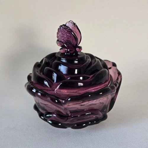 Fenton Purple Butterfly Rose Flower Candy Dish  Lid Stunning Lavender Vintage