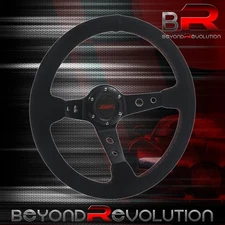JDM Sport 350mm Aluminum Deep Dish Black Suede Red Stitch Steering Wheel + Horn