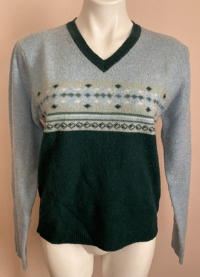 J.Crew Vintage Fair Isle Lambswool V Neck Ski Sweater Blue Green M