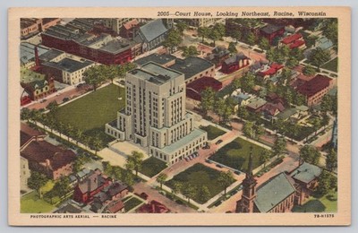 Vintage 1950s Aerial View Racine Wisconsin Court House Postcard