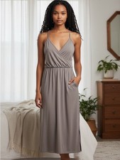 BCBGeneration Gray Spaghetti-Strap Wrap Maxi Dress Big Pockets