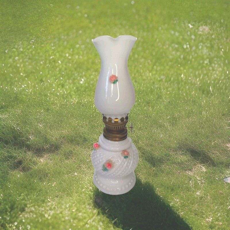 Oil Lamp Victorian Milk Glass Floral Made In Japan With Wick 7 3/4 Small Vintage