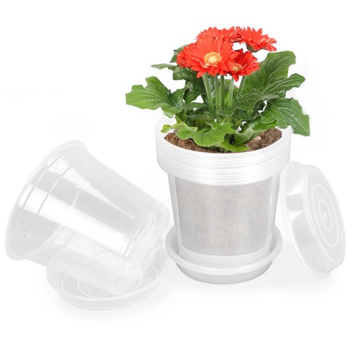 Clear Nursery Pots with Drainage and Saucers, 12 Pack 5 Inch Clear Plastic Pl...