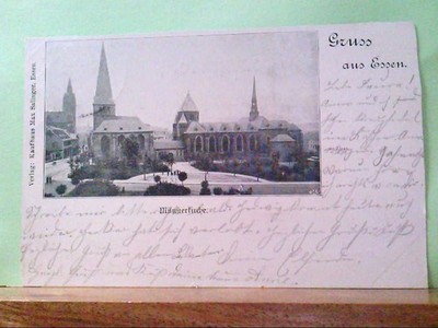 AK Essen, Gruss aus Essen, Blick auf die Münsterkirche, Gebäudeansicht, Zugstemp