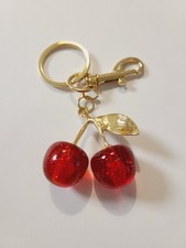 NWOT RED GLITTER ACRYLIC CHERRIES GOKD TONE KEYCHAIN PURSE CHARM