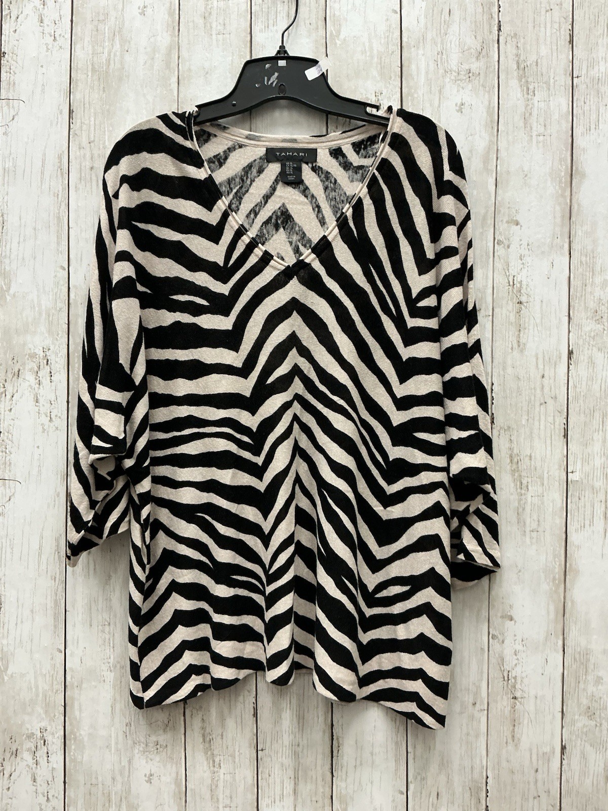 Tahari Womens XL Zebra Print V-Neck Long Sleeve Blouse Black White Linen Blend