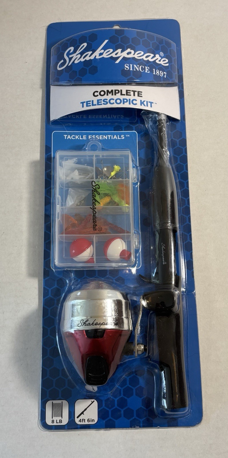 NEW Shakespeare Complete Fishing Kit 4'6&rdquo; Telescopic Rod Spin Casting 8 lb Line