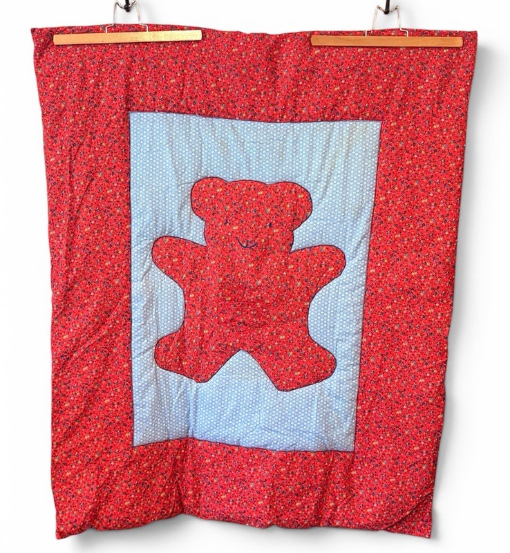 Vintage Natural Innovations 1978 Red Crib Quilt Blanket Teddy Bear Nursery 42x34
