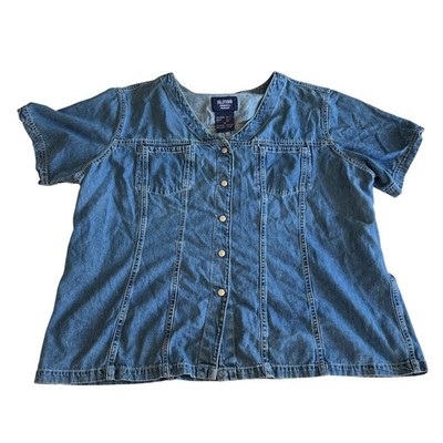 Vtg Y2K 2000s Blue Denim Top Short Sleeve Button Plus Size 2X Western Rodeo