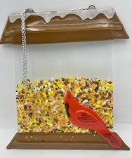 Fused Glass Cardinal Bird At Bird Feeder Seeds Wall Plaque/Sun-catcher - Nice