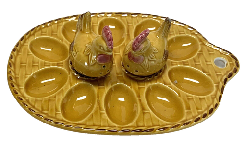 Old Presentation Tray Eggs Shell Salt Pepper Hens Earthenware