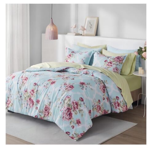 9 Piece Queen Size Comforter Set Floral Bed Spread Sheets Pillow Shams Dorm Blue