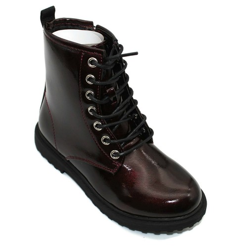Girls Boys Ankle Boots Lace Zip Up School Outdoor Army Combat Biker Patent Shoes - Picture 6 of 6