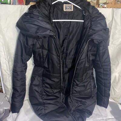 Rare Converse One Star Hooded Puffer Coat Quilted Long Sleeve Sz XS Black