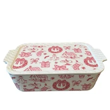 Grace Teaware Christmas Rectangular Baker & Lid Casserole Holiday Red & White 