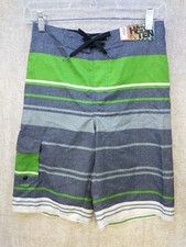 Hang Ten Youth Boys Sz M Board Shorts Swim Trunks Stripe Green/Gray 27" W NWT