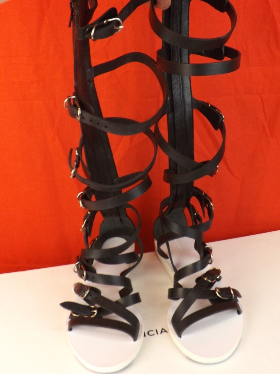NEW BALENCIAGA BLACK LEATHER STRAPPY GLADIATOR TALL FLAT