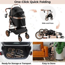 Pet Stroller for Dogs and Cats up to 55lbs,Detachable Carrier,One-Click Folding