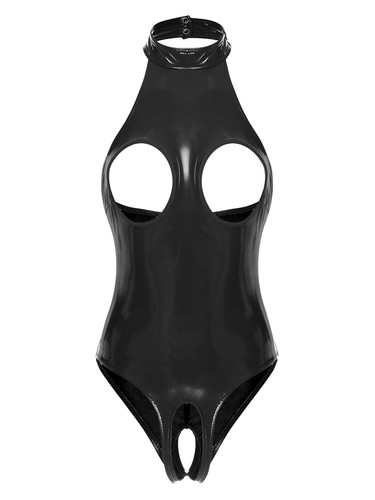 Sexy Womens Hollow Out Leather Bodysuit Latex Halter Catsuit Nightwear - Picture 13 of 32