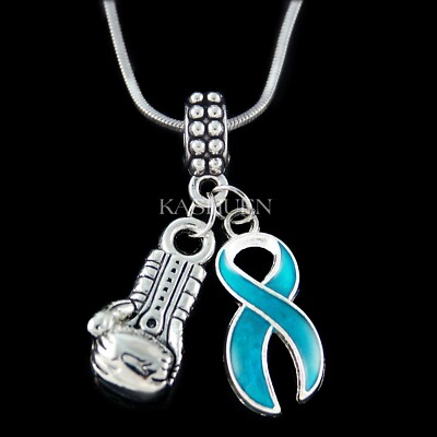 ~Teal Blue Ovarian Cervical Cancer Awareness~ Myasthenia Gravis Ribbon Necklace