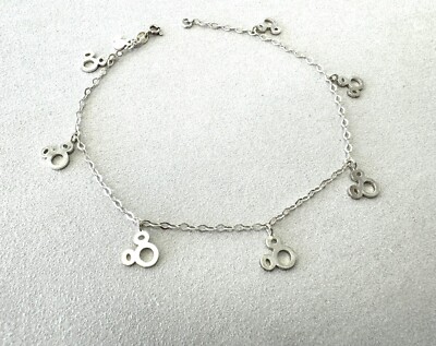 Disney Mickey Mouse Charm Italy 925 Sterling Silver Ankle Bracelet 10'' Long