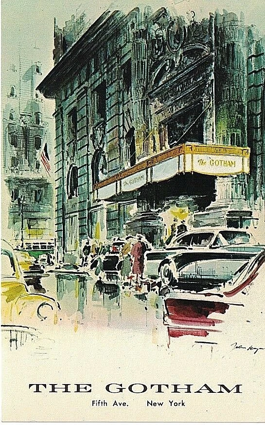 Postcard NY The Gotham Hotel Street View Drawing VTG Chrome New York City - Picture 1 of 2