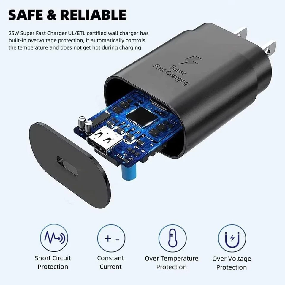 Cargador de pared súper rápido tipo USB-C de 25 W + cable de 6 pies para Samsung Galaxy S20 S21 5G Foto 2 de 4