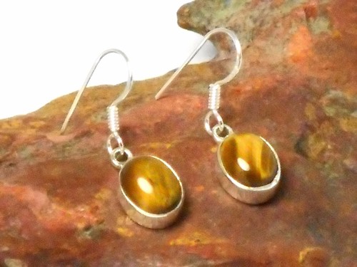 Oval  TIGERS  EYE  Sterling Silver 925 Gemstone Earrings  - Picture 1 of 4