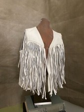 Vtg KIDS Hippie Boho WHITE Leather Western Beaded Fringe PERFORMANCE Dance Vest