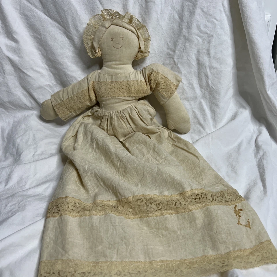 Primitive Rag Doll Cotton Lace Dress Hand Stitched Face Christmas 1880 On Body - Image 2 of 4