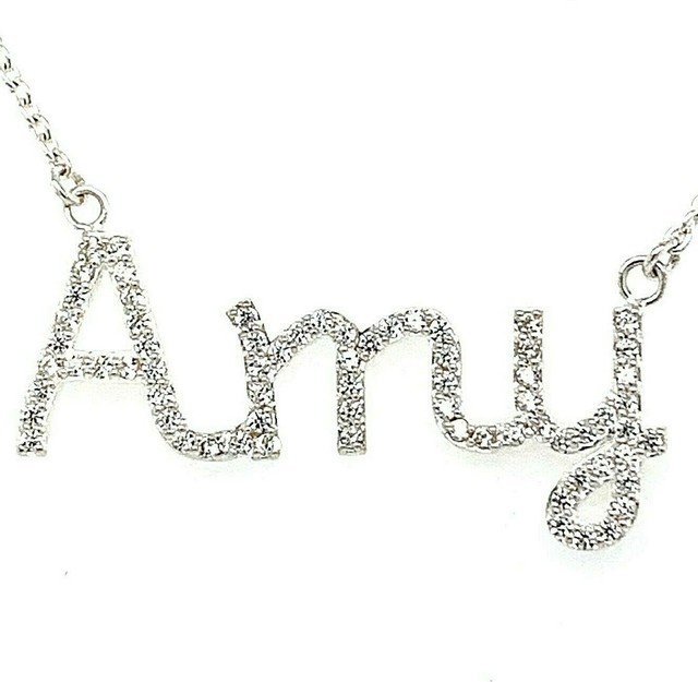 Amy Crystal set Name Plate Bling Necklace Pendent Silver female
