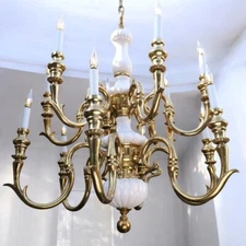 Vtg French Baroque Brass Chandelier 12-Light Porcelain 2-Tier Rococo 30” HUGE