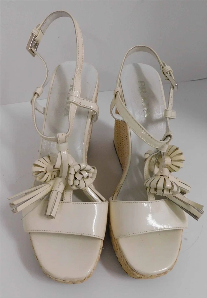Prada Off White Charol Tirantes Paja Plataforma Cuñas Italia 36.5 Foto 3 de 4