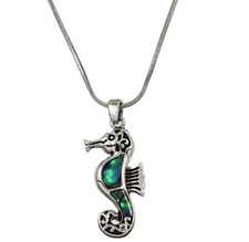 Silver Tone Abalone Seahorse Pendant Necklace Gift Boxed Fast Shipping